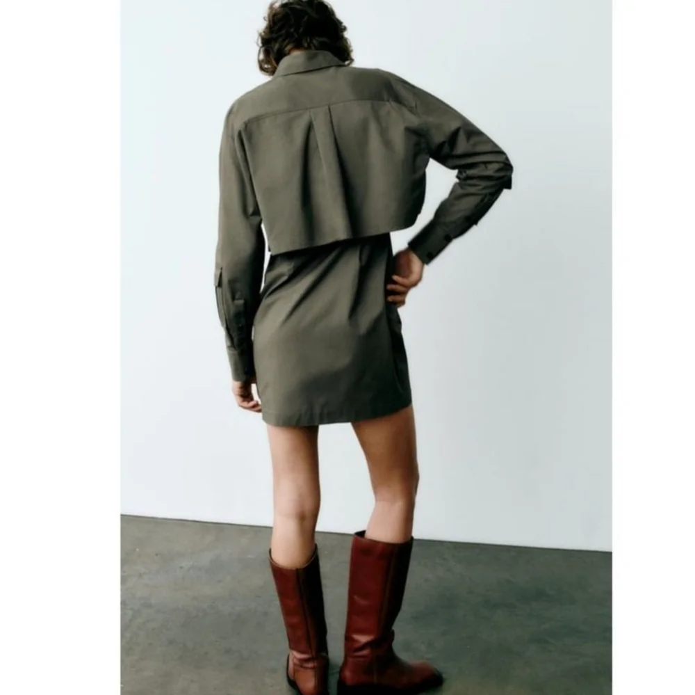Zara Gabardine Shirt Dress Green Utility Long‎ Sleeves